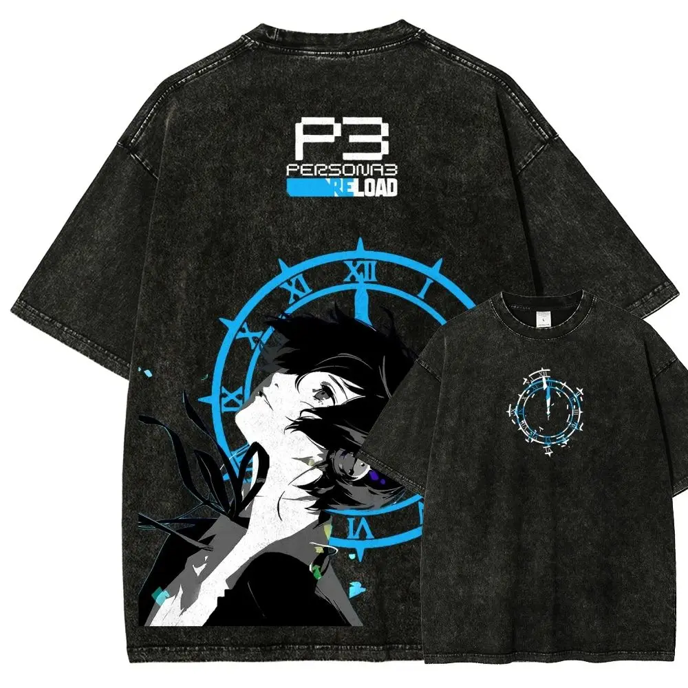 For JRPG Fans Persona 3 Blue Clock Anime Character Graphic Print T-shirt Black Washed Oversized Cotton Casual Print Streetwear