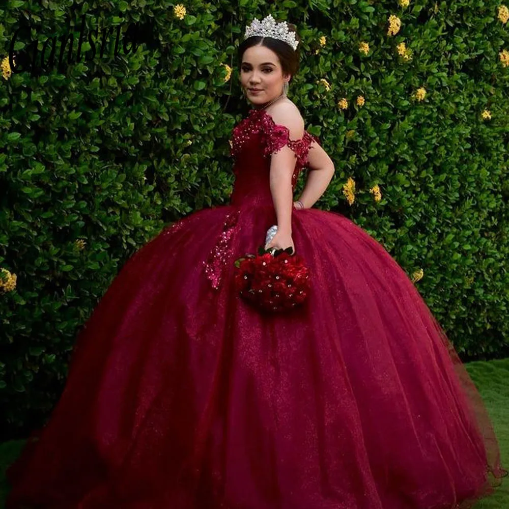 Vestido de quinceañera con hombros descubiertos, traje de baile de cumpleaños, con cordones, brillante, color burdeos, 15 y 16