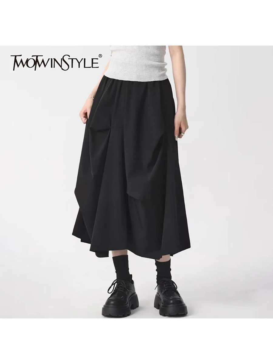 

TWOTWINSTYLE Solid Spliced Folds Chic Skirts For Women High Waist Temperament Minimalist Skirt Female Fashion Style Clothes New