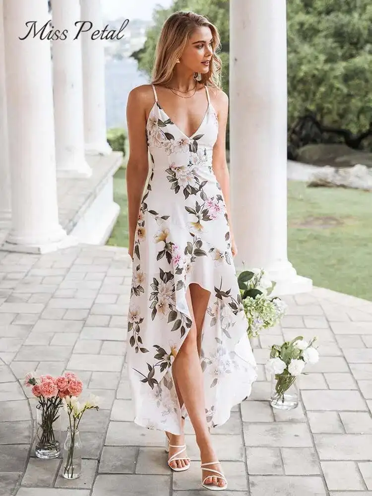 Biały Ral Print High-Low Maxi dla kobiet seksowny dekolt w serek paski spaghetti długa sukienka wakacyjna A-E 2025 letnia sukienka letnia