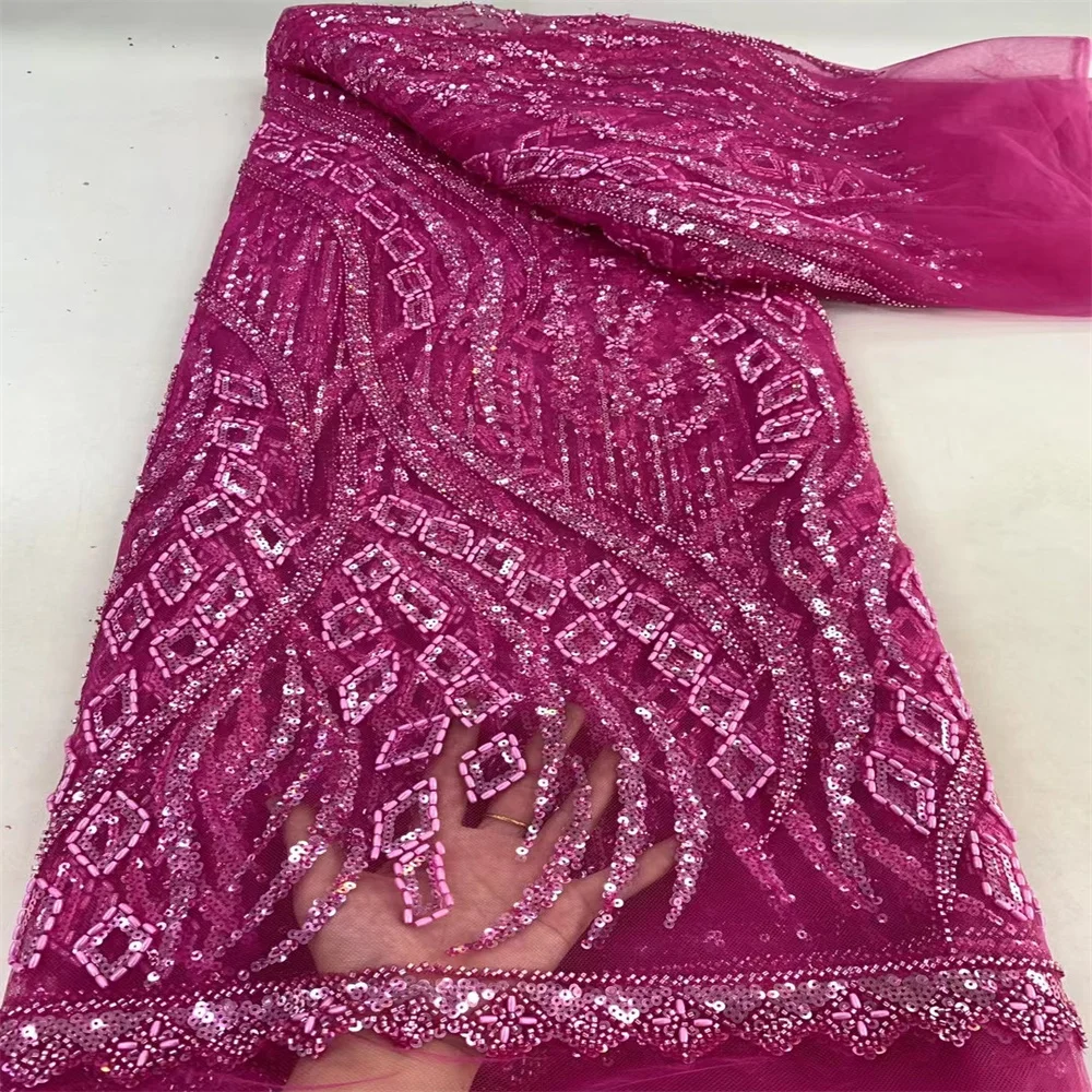

Luxury Bead Tube Embroidery African Lace Fabric Latest High Quality French Sequined Tulle Fabric For Nigerian Wedding Party