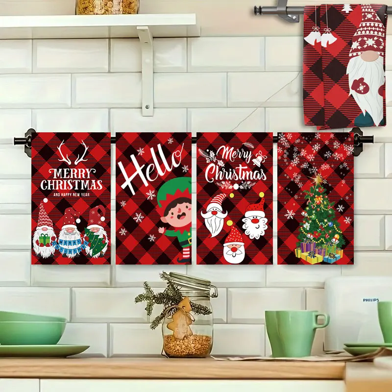 A 5-pack of red plaid Christmas towels, absorbent and lightweight, with cartoon designs