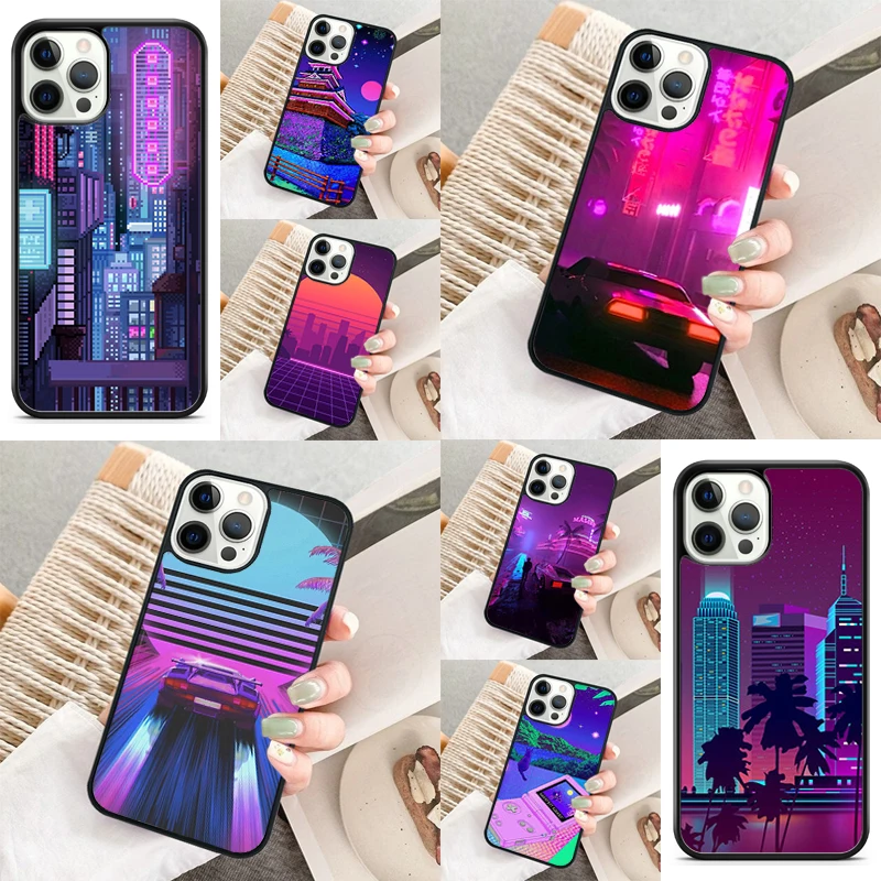 Synthwave 80's Retro Neon vaporwave Phone Case For iPhone 16 15 14 11 12 13 mini Pro XR XS MAX Plus coque Cover Shell