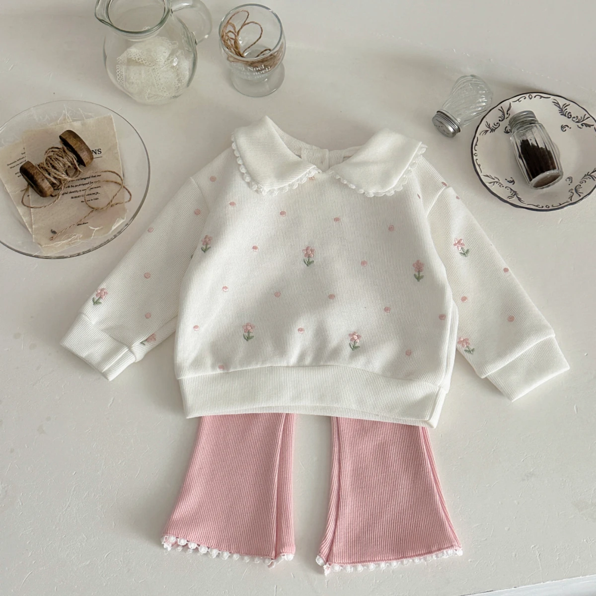 جديد الخريف الفتيات مجموعات الوردي الأزهار المطرزة أعلى + أسفل مجموعات أطفال 0-3 سنة الوليد بدلة طفل 2 قطعة ملابس طفل رضيع