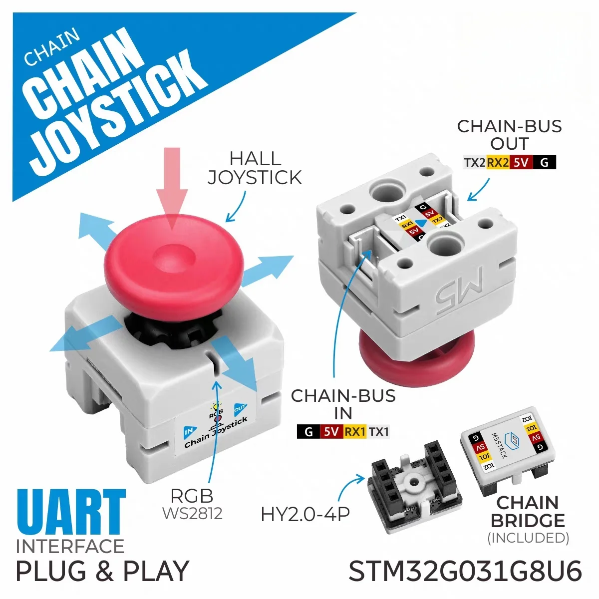 Official M5Stack Chain Joystick High-Precision Hall Effect Electromagnetic Joystick Programmable Expansion Chain