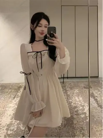 슬리밍 스퀘어 칼라 미디 드레스 나비 매듭 하이 웨이스트 a 라인 스커트 긴 소매 짧은 드레스 통근 한국 스타일