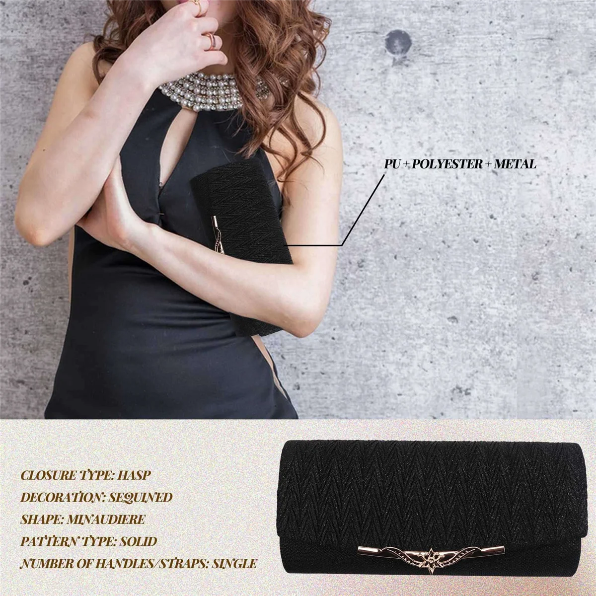 FZFZ 여성 이브닝 백 파티 연회 반짝이 가방 여성용 웨딩 클러치 핸드백 체인 숄더 백 (블랙)