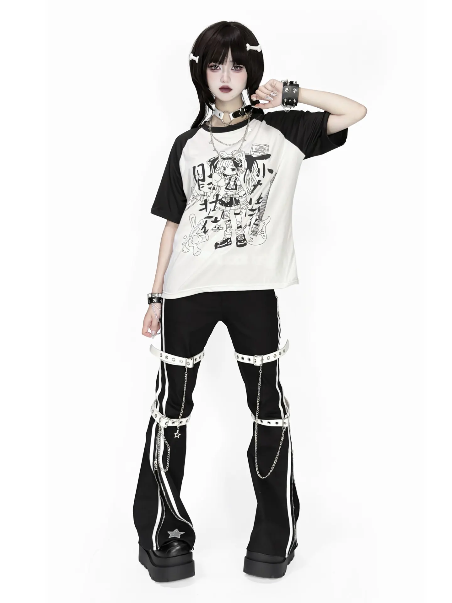 Y2K Gothic Flare Pants White Side Stripe Detachable Thigh Harness Chain Strap Zip Hem Star Embroidery Punk Bootcut Trousers view 3