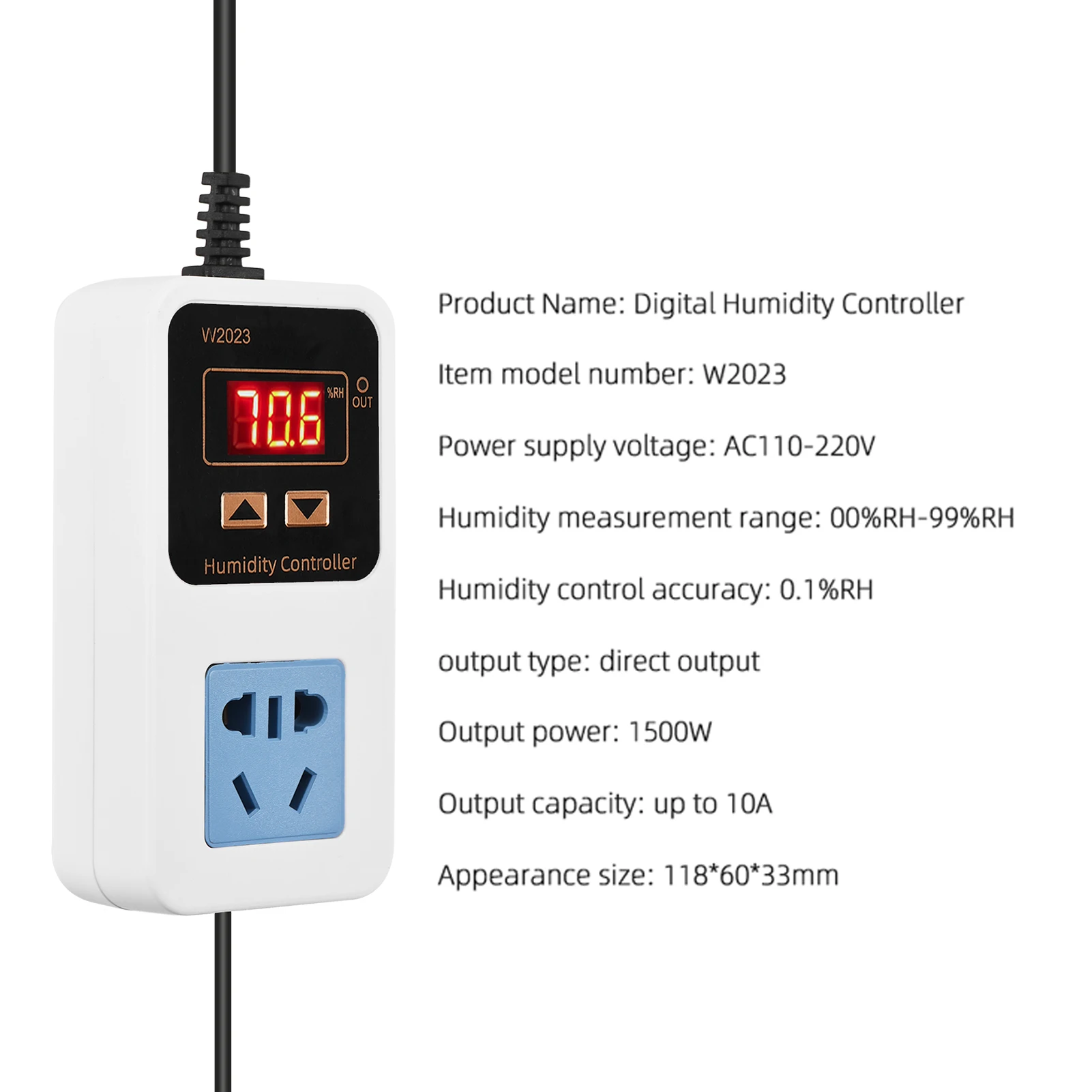 110-220V 10A 1500W Electronic Humidity Controller Intelligent Digital Display Humidity Control Switch