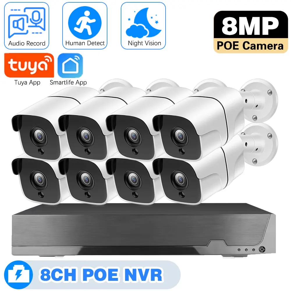 

8CH 4K TUYA Security IP Camera System NVR 8MP Night Vision IP Camera POE 2K Audio Record IP66 Waterproof Video Surveillance Set