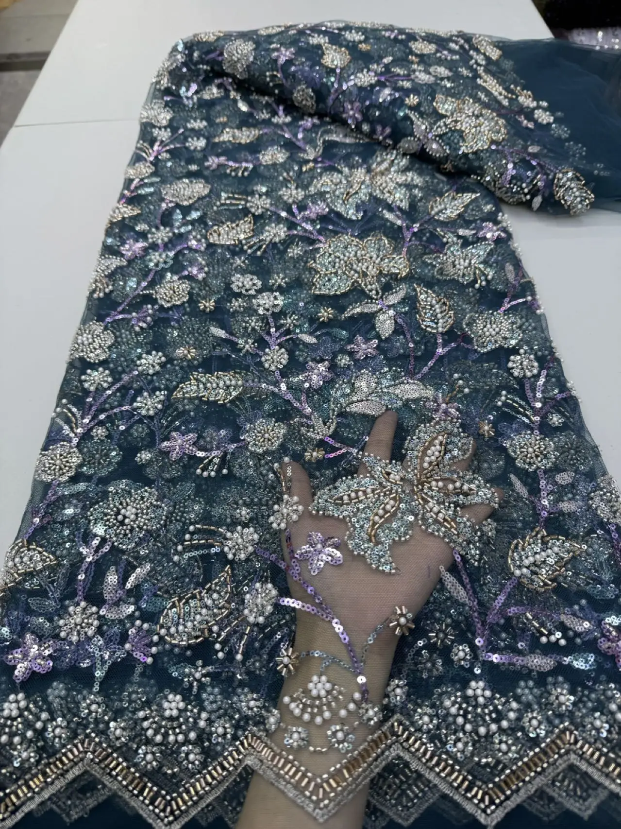 

2026 Nigerian Sequins Tulle Lace Fabric High-Quality Embroidery African Net Cloth for Prom Dresses Beads 5 Yards JY514