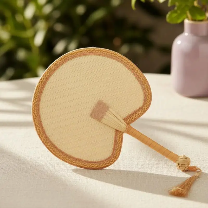 Woven Natural Palm Straw Handheld Fan Handmade Lightweight Portable Summer Cooling Device for Beach Holiday Use