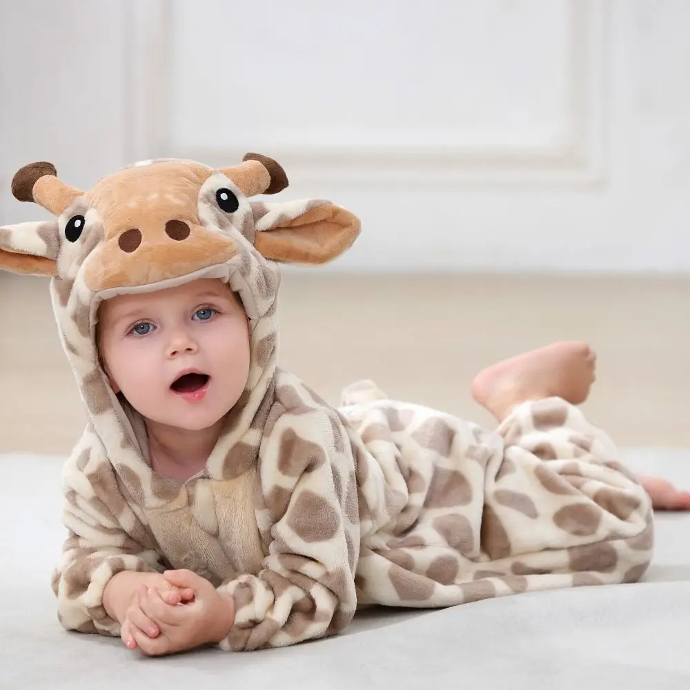 Soft Flannel Baby Hooded Romper Cartoon Animal Full-Coverage Design Toddler Costume Hooded Design Skin-Friendly Holiday Outfit