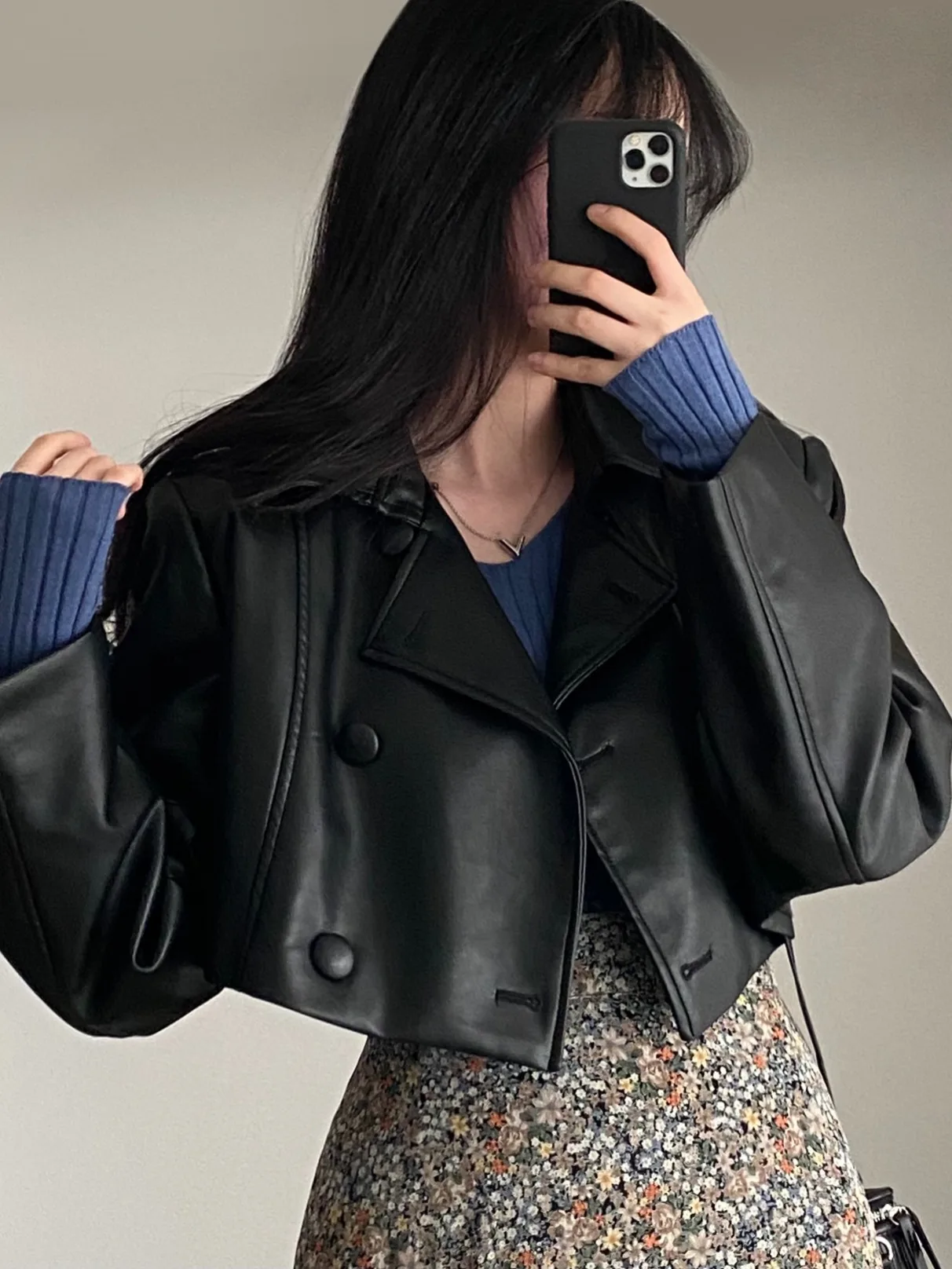 Chic ort PU cuero Jaet mujer Biker Sle abrigo doble fila botones cuello Patchwork otoño Faion señoras prendas de punto