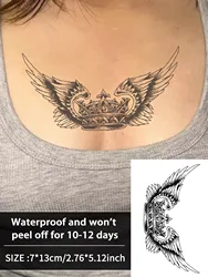 Angel wings and crown neck waterproof temporary tattoo sticker, lasts 1-2 weeks, realistic semi-permanent fake tattoo
