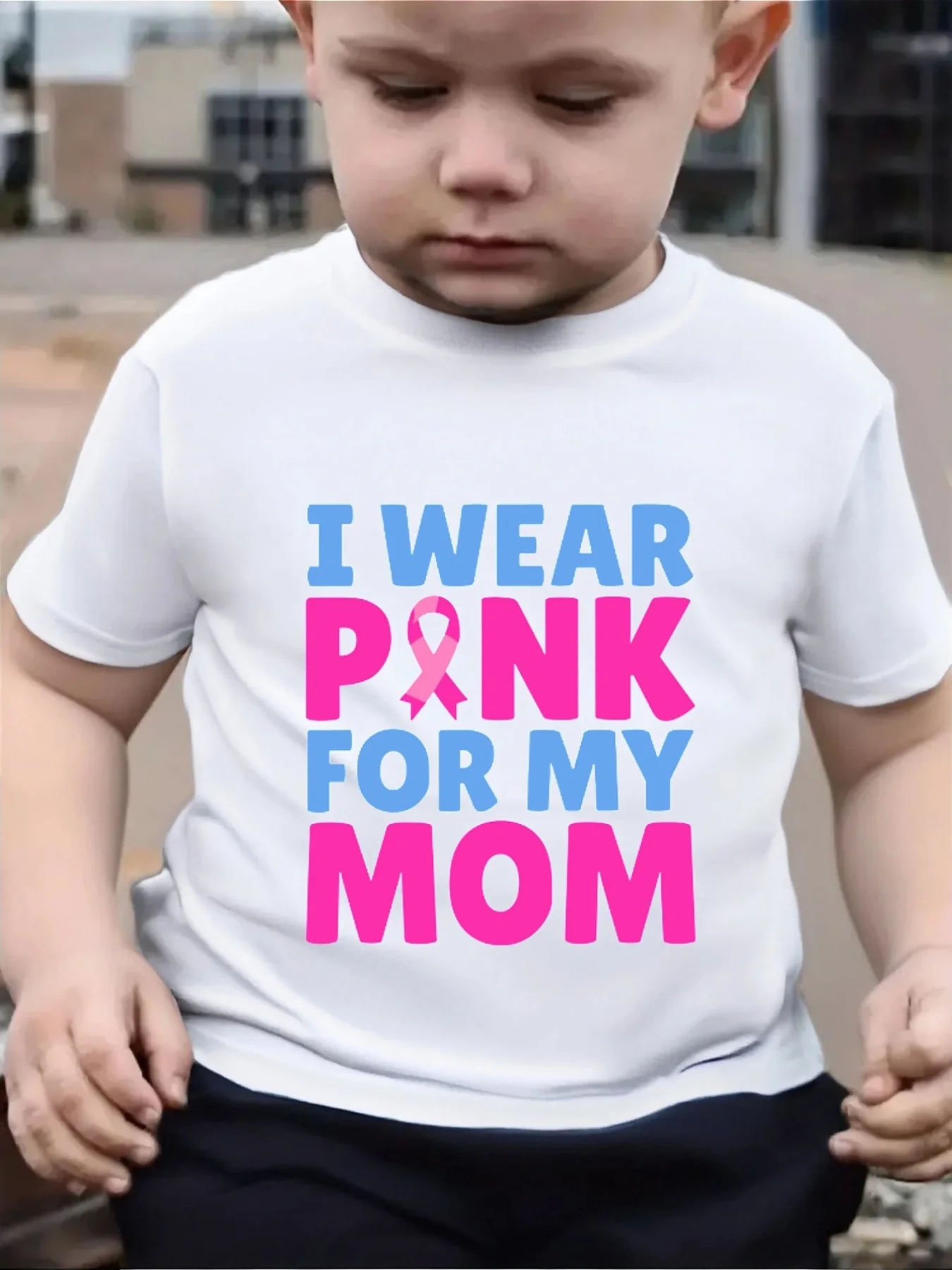 Cute I Wear Pink For My Mom Ribbon Print Family Matching T Shirt Boys Girls Short Sleeve Parent Child Soft Cotton Casual Tops