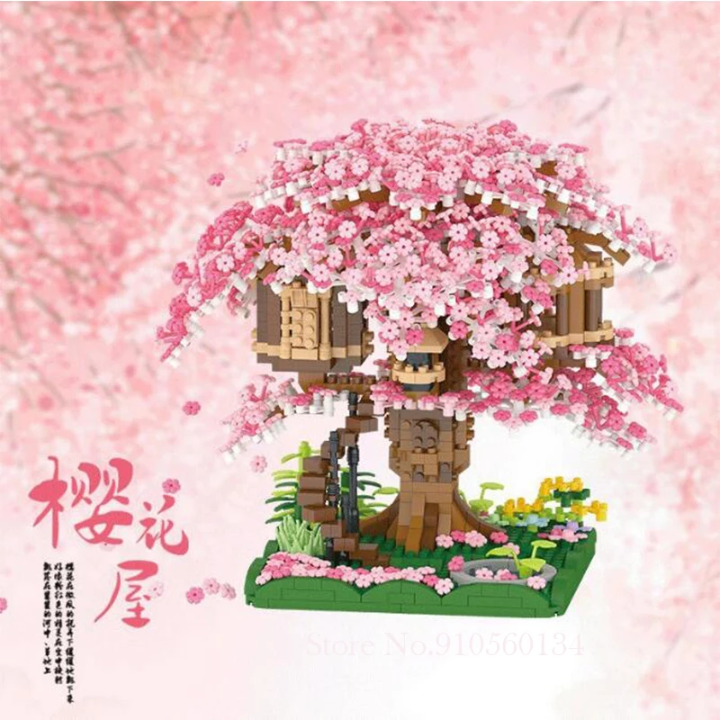 Mini Sakura Tree House Building Blocks Cherry Blossom Plant City Street View Bricks DIY Model Ornament Toy Children Gift