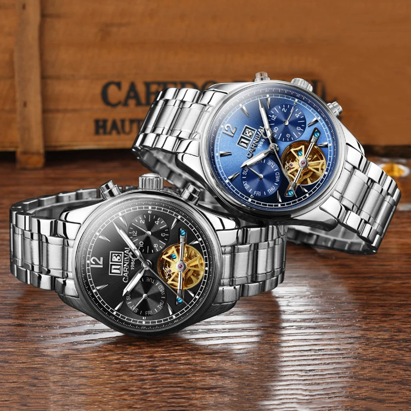 CARNIVAL Automatic Self-Wind Watches Men Luxury Brand Tourbillon Mechanical Watch Luminous Waterproof Date Clock Reloj Hombre