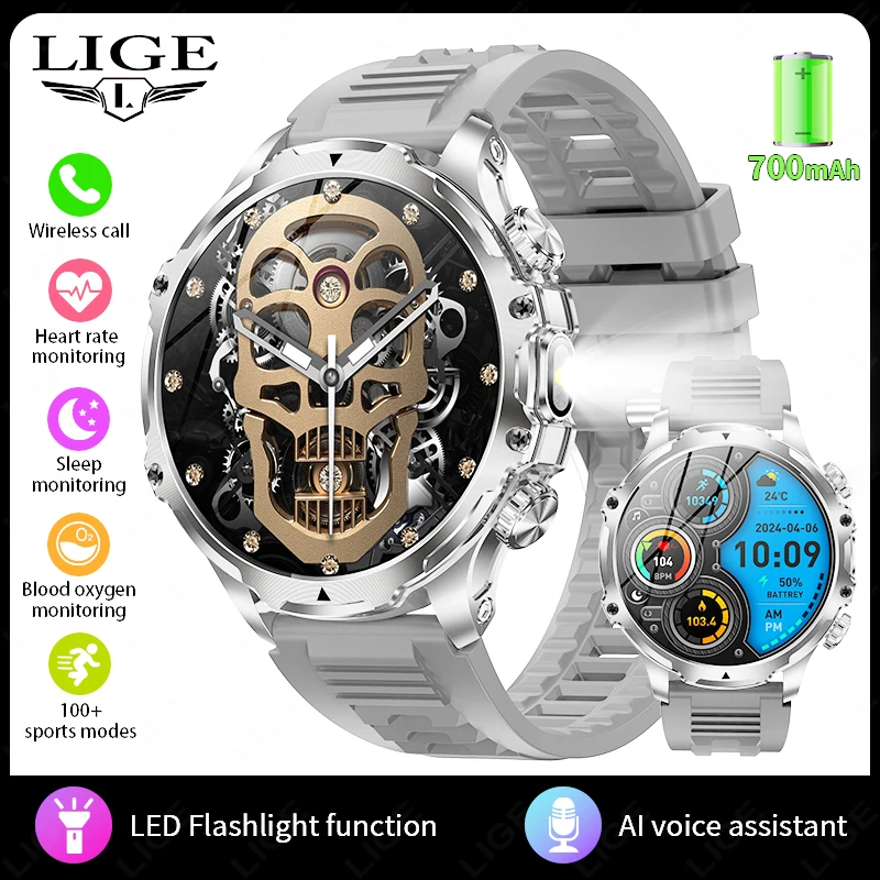 LIGE Smart Uhr Männer Taschenlampe 1,9 zoll 416*416HD Bildschirm Im Freien Sport Fitness Tracker 700mah Große Batterie BT anruf Smartwatch 6