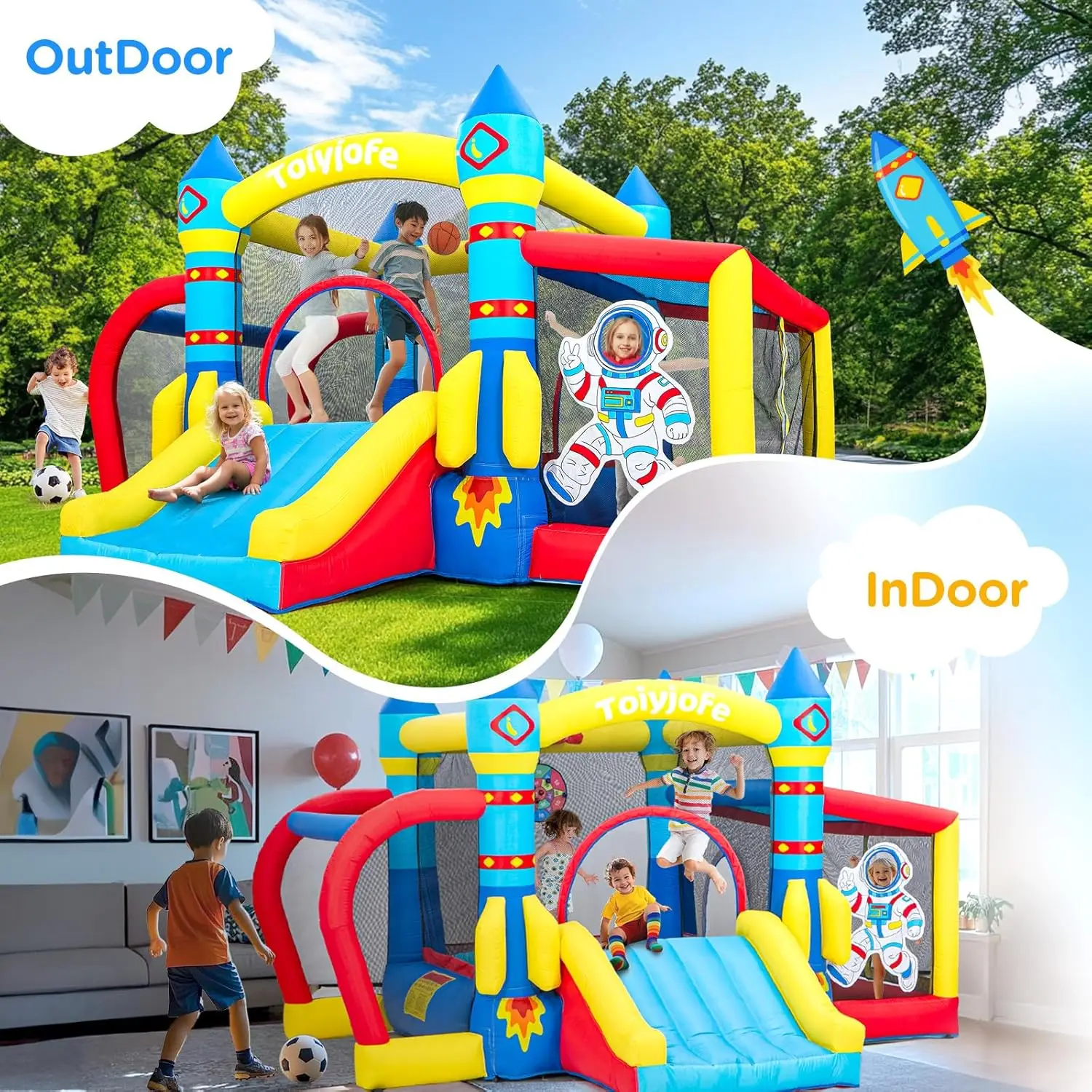 Space Adventure Bounce House, 7-in-1 raket astronaut thema opblaasbaar kasteel met glijbaan, luchtblazer, ballenbak, binnen buiten B