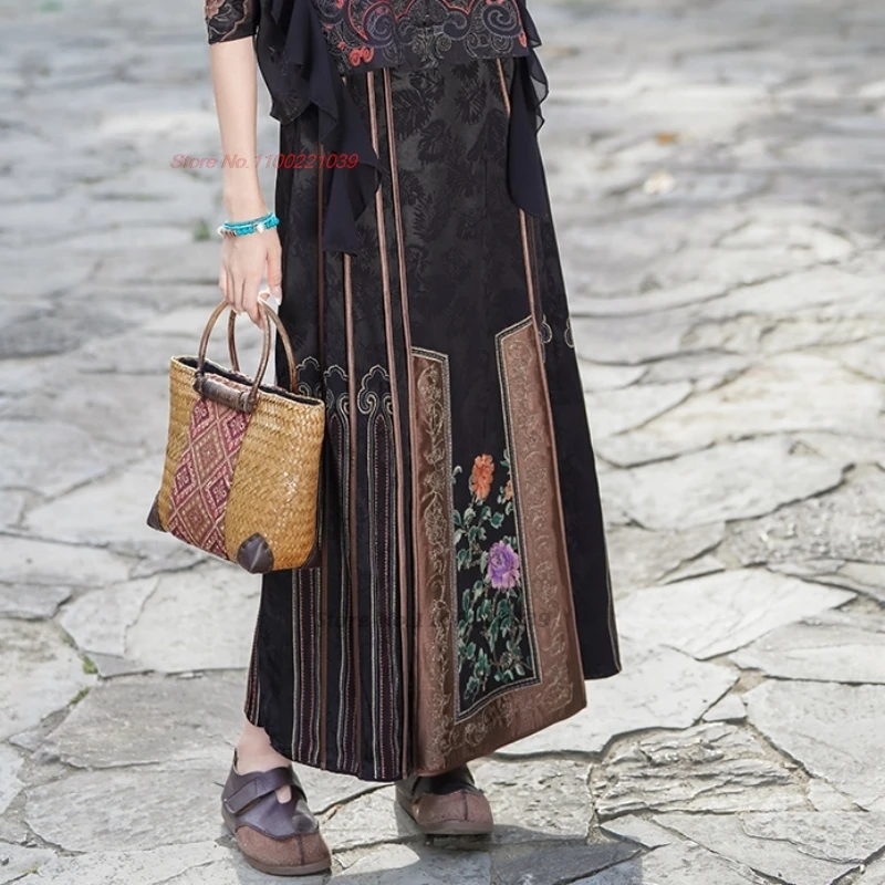 2025 chinese vintage skirt national flower embroidery satin jacquard skirt traditional elastic waist midi skirt horse-face skirt