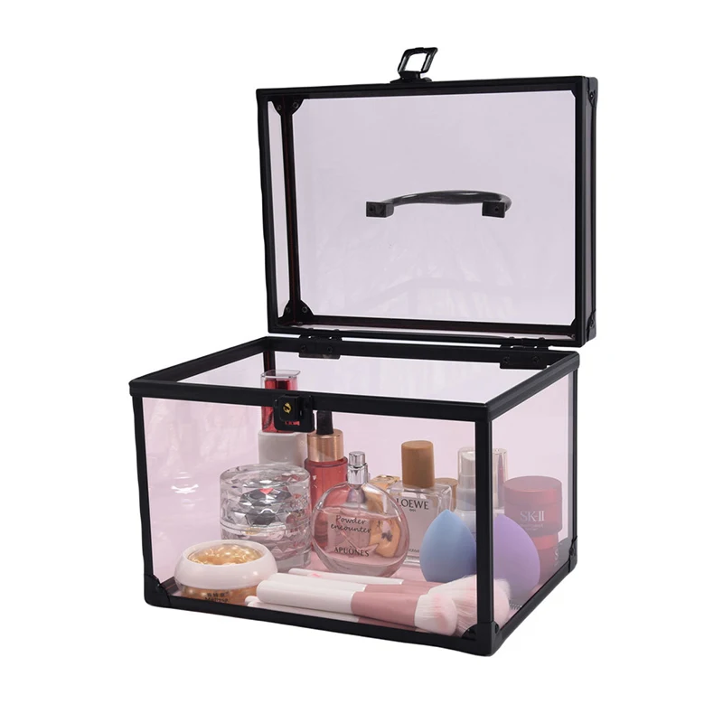 Acrylic Transparent Black Frame Makeup Box with Handle Storage Skincare and Makeup Brushes Lockable Cosmetic Organizer Case