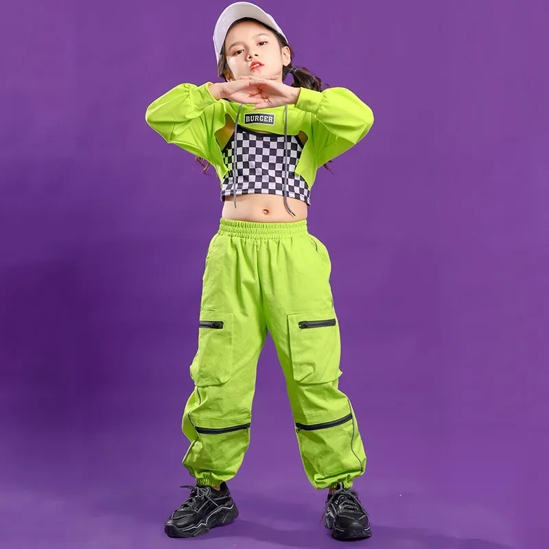 5-16 Years Old Jazz Dance Costumes, Girls' Hip-hop Costumes, Spring and Autumn Fluorescent Green Umbilical Sportswear Children