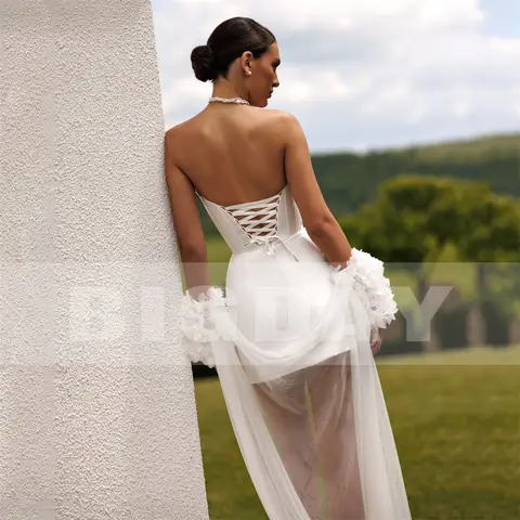BIGDAY Abito da sposa tubino corto Scollo a barca senza spalline aperto sul retro Abito da sposa in raso senza maniche con lacci Vestido De Noiva Personalizzato