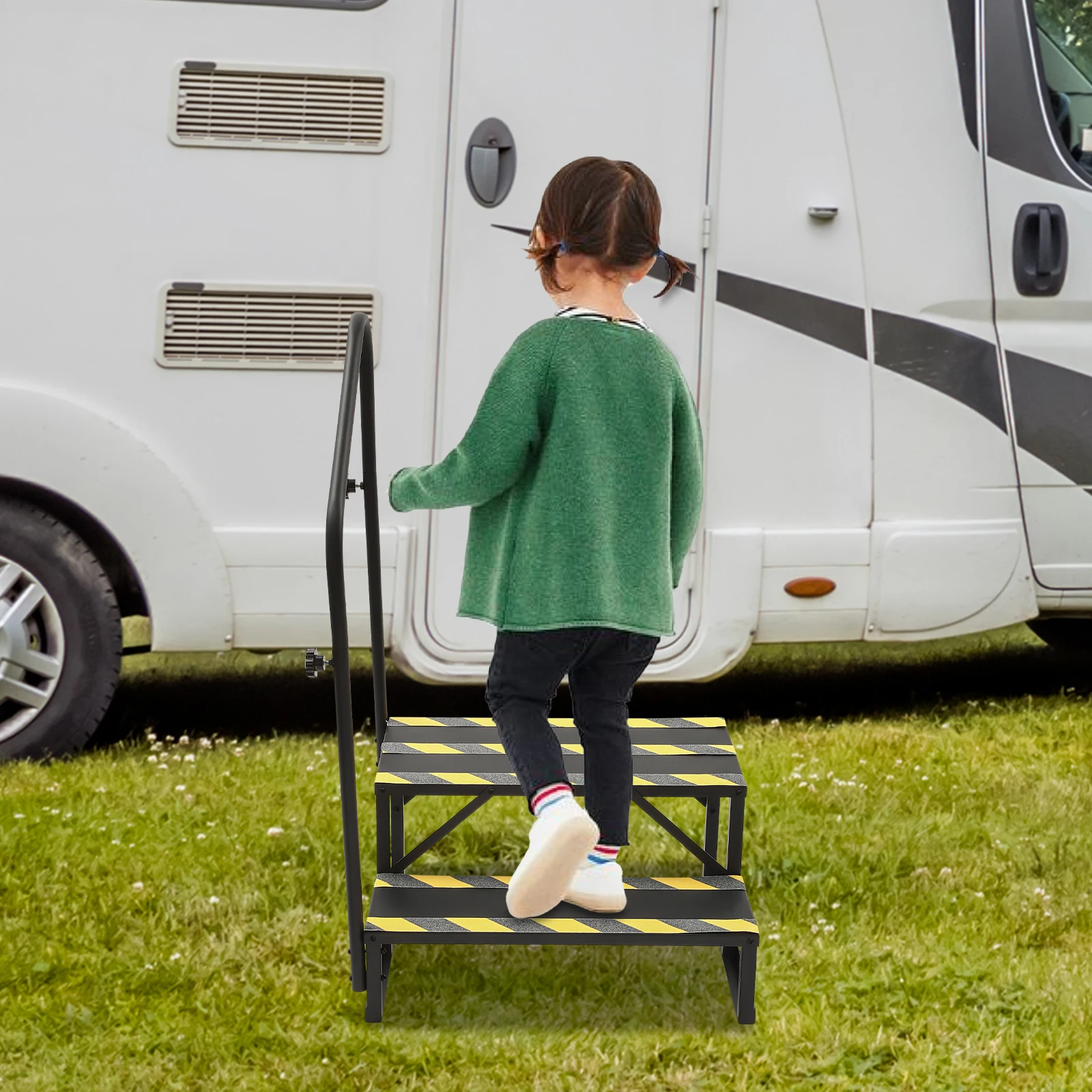 سلم RV بخطوتين من الفولاذ، سعة تحميل 204 كجم للاستخدام الداخلي والخارجي لشاحنة التخييم