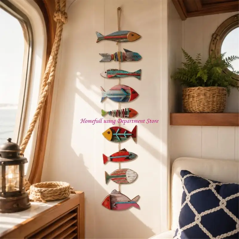 Multicolor Distressed Fish Wall Sculpture Decors, Painted Wooden Beach Coastal Hanging Sign for Bathroom Bedroom Living Room