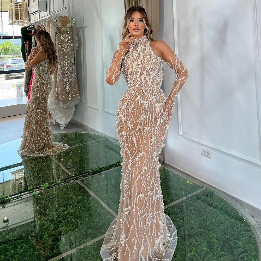 

Dubai Luxury Pearls Beaded Evening Dresses Gowns 2024 for Women White Nude Mermaid for Wedding Parties LA72345