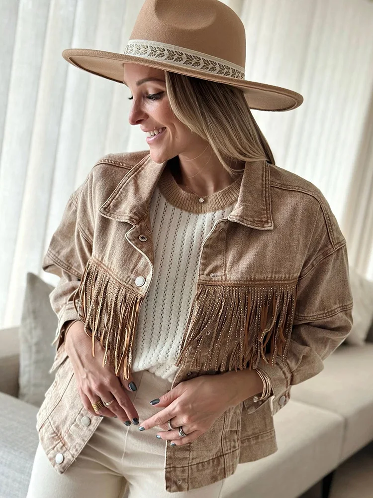 Gypsylady Stylish Retro Denim Women Jacket Autumn Winter Tassels Long Sleeve Cotton Khaki Brown Ladies Biker Jackets Chaquetas