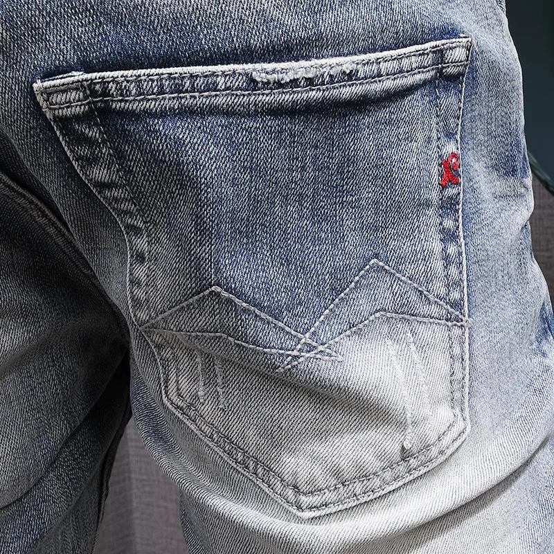 Y2KFashionable newmen's jeans stretch slim fit retro washed blue jeans Italian style retro embroidered jeans hombre