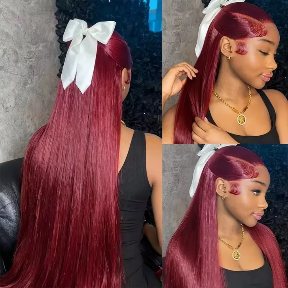 Burgunderrote Echthaar-Perücke 28 Zoll 13x6 HD Transparente Spitze Glatt 99J Rot Echthaar-Perücke Gefärbt Rotbraun Lace Frontal Perücken