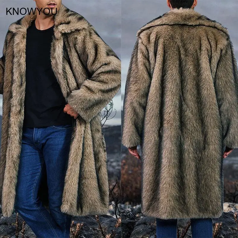 2025 Autumn Winter Men Faux Fur Coats Long Fur Jacket Solid Lapel Collar Long Sleeve Open Stitch Thick Warm Fur Loose Jacket