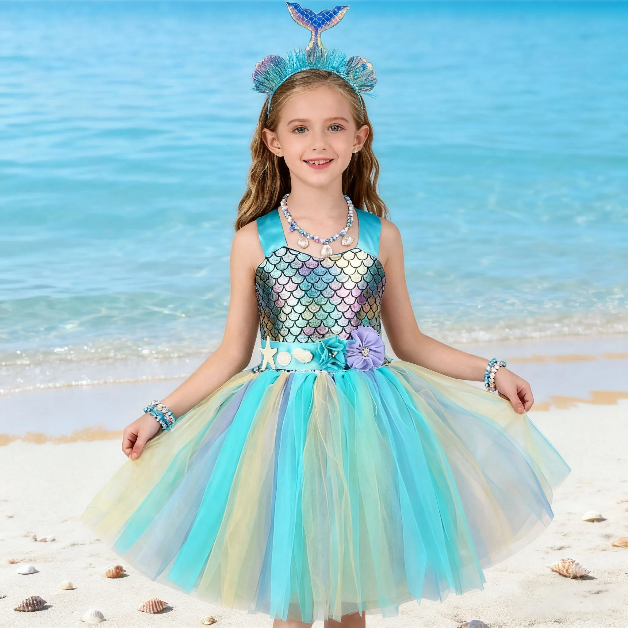 

Kids Girls Little Mermaid Costume Fish Scale Princess Party Dress Children Sequin For Birthday With Headband, Jewelry Clothes