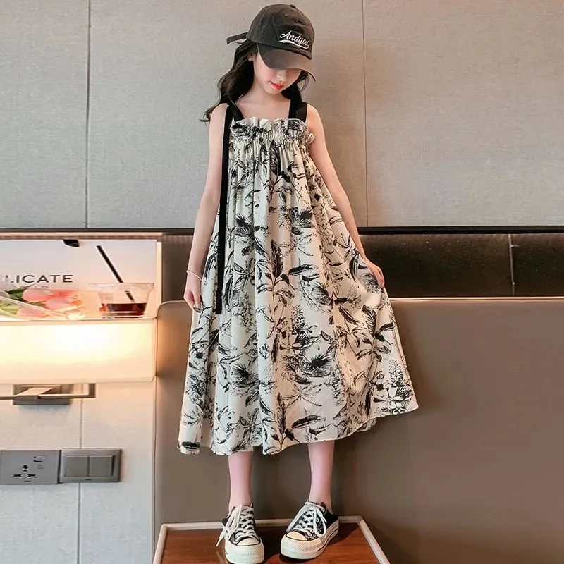 

2024 New Girls' Retro Ink Painting Sling Summer Dress Children A-line Casual Dress for Summer