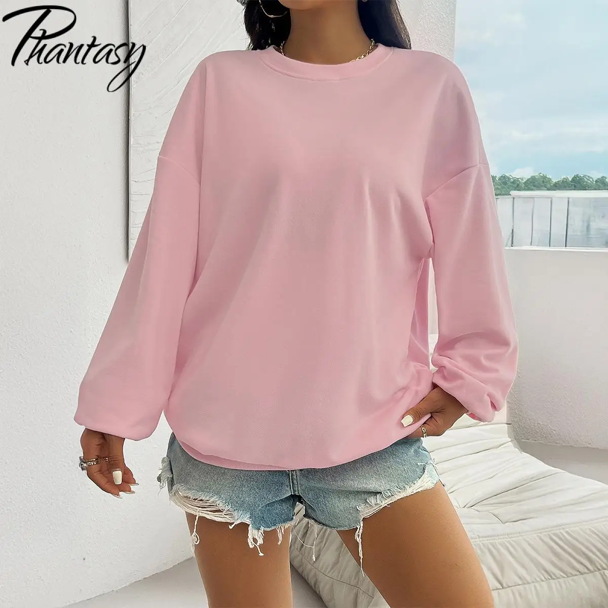 2024 New Women Pullover Pink Sweatshirt Casual Loose O Neck Tracksuit Autumn Winter Tops Long Sleeve Pullovers Female Streetwear