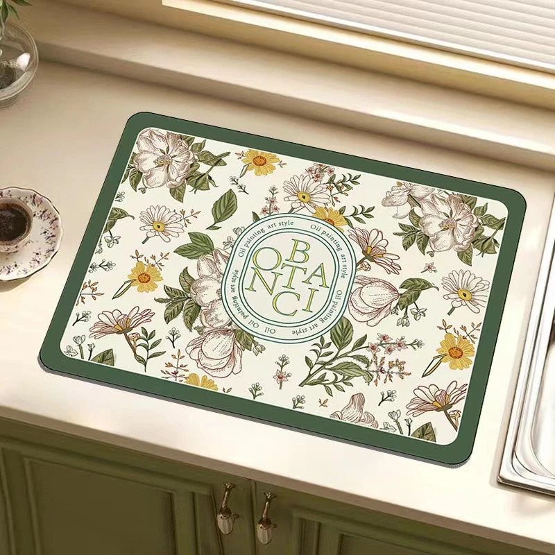 VIKAMA Kitchen Drain Mat Vintage Floral Magnolia Daisy Oil Painting Art Dish Drying Mat Water Absorbent Quick Dry Anti Slip Soft