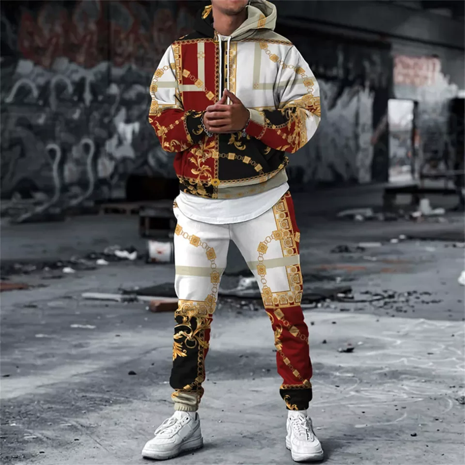 Vintage Hoodies Pants 2 Piece Sets 3D Print Leopard Gold Chain Oversize Fashion Tracksuit Streetwear Long Sleeve Suits