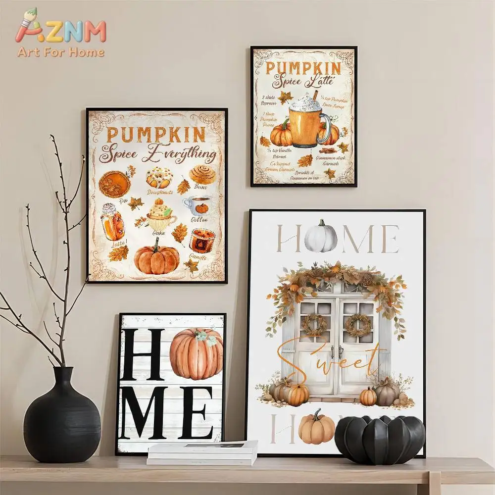 AZNM Fall Pumpkin Spice Coffee Home Sweet Home Canvas Wall Art Print, Vintage Autumn Thanksgiving Watercolor Poster for Living R
