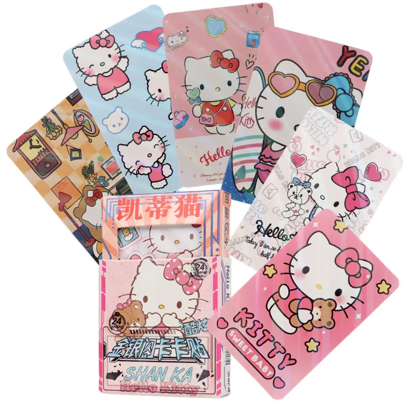 24 pz/scatola Anime Sanrio Cards Cute KT Cat Hello Kitty Kuromi Melody Shiny Card Collection per regali di compleanno per bambini