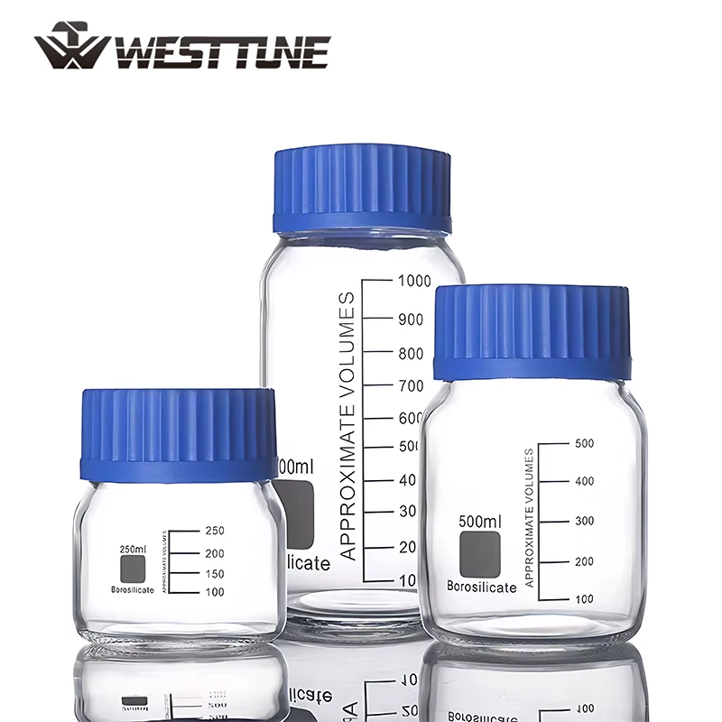 WESTTUNE 250 مللي/500 مللي/1000 مللي زجاجة كاشف زجاجية مستديرة متدرجة زجاجة مختبر شفافة مختومة مع غطاء برغي أزرق GL80 #1