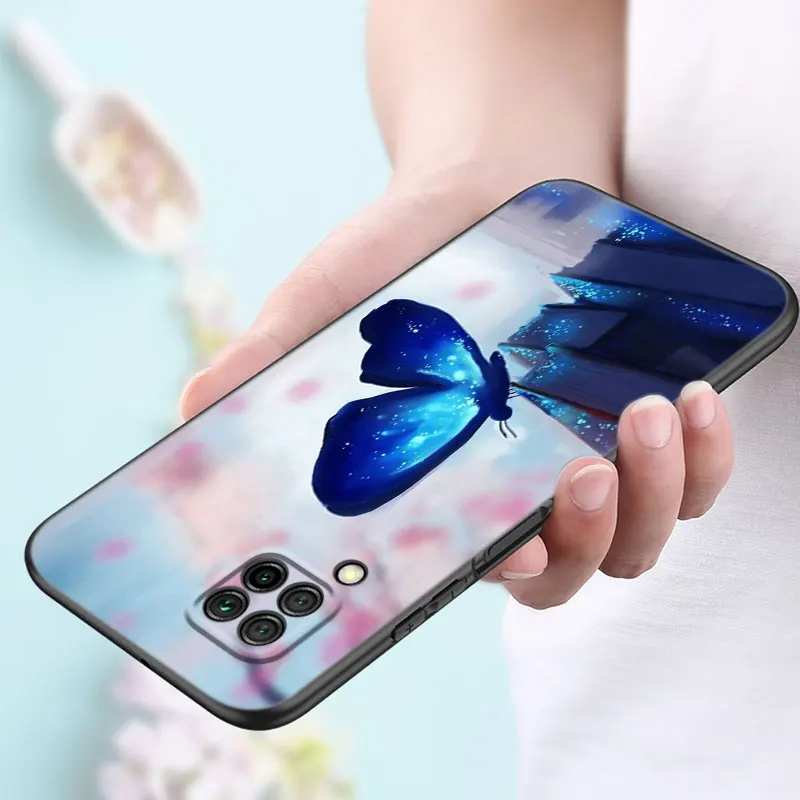 Cartoon Blue Butterfly Case For Huawei P50 P40 P30 P20 Pro P10 P9 P8 Lite 2017 P Smart Z S 2021 2020 Pro 2019 2018 Black Cover