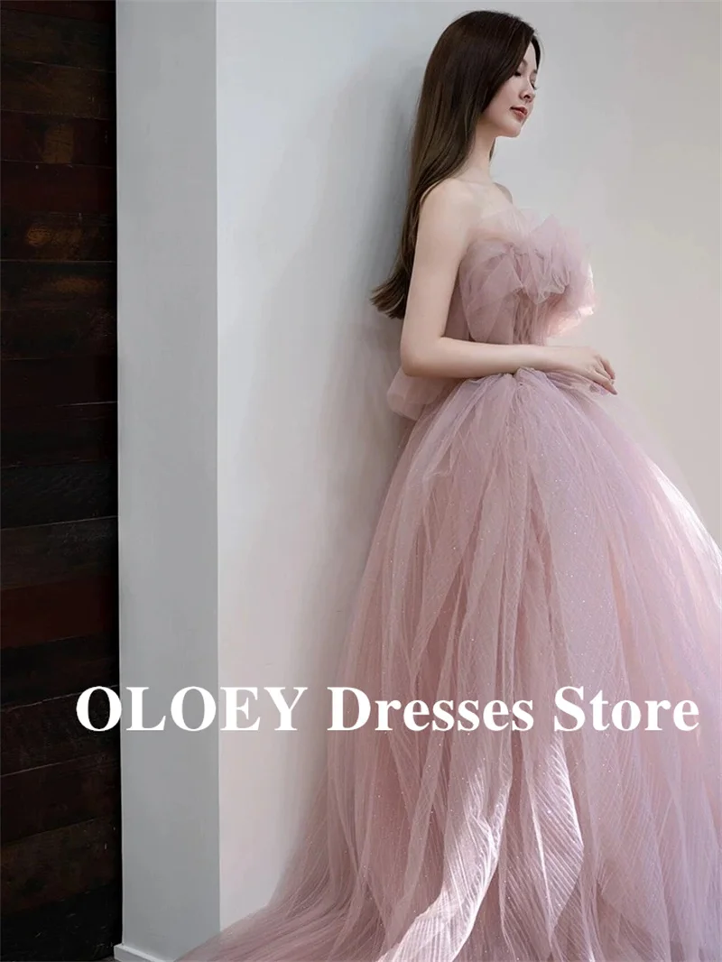 

OLOEY Elegant Dusty Pink Tulle Evening Dresses Korea Photo shoot Strapless Long Prom Gowns Wedding Photo shoot Customized