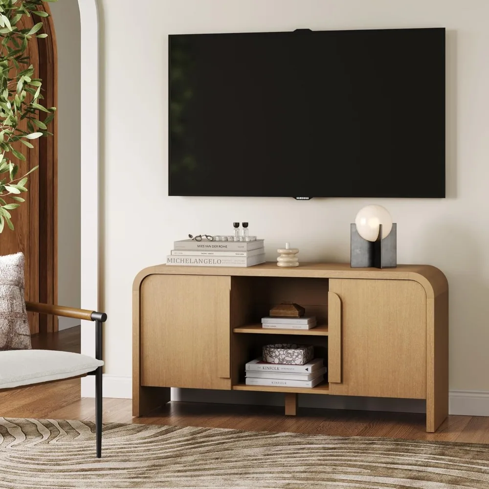 Mid Century Modern Minimalist TV Stand Media Console C  inet with Storage for TVs Up to 50 Inches Light Brown