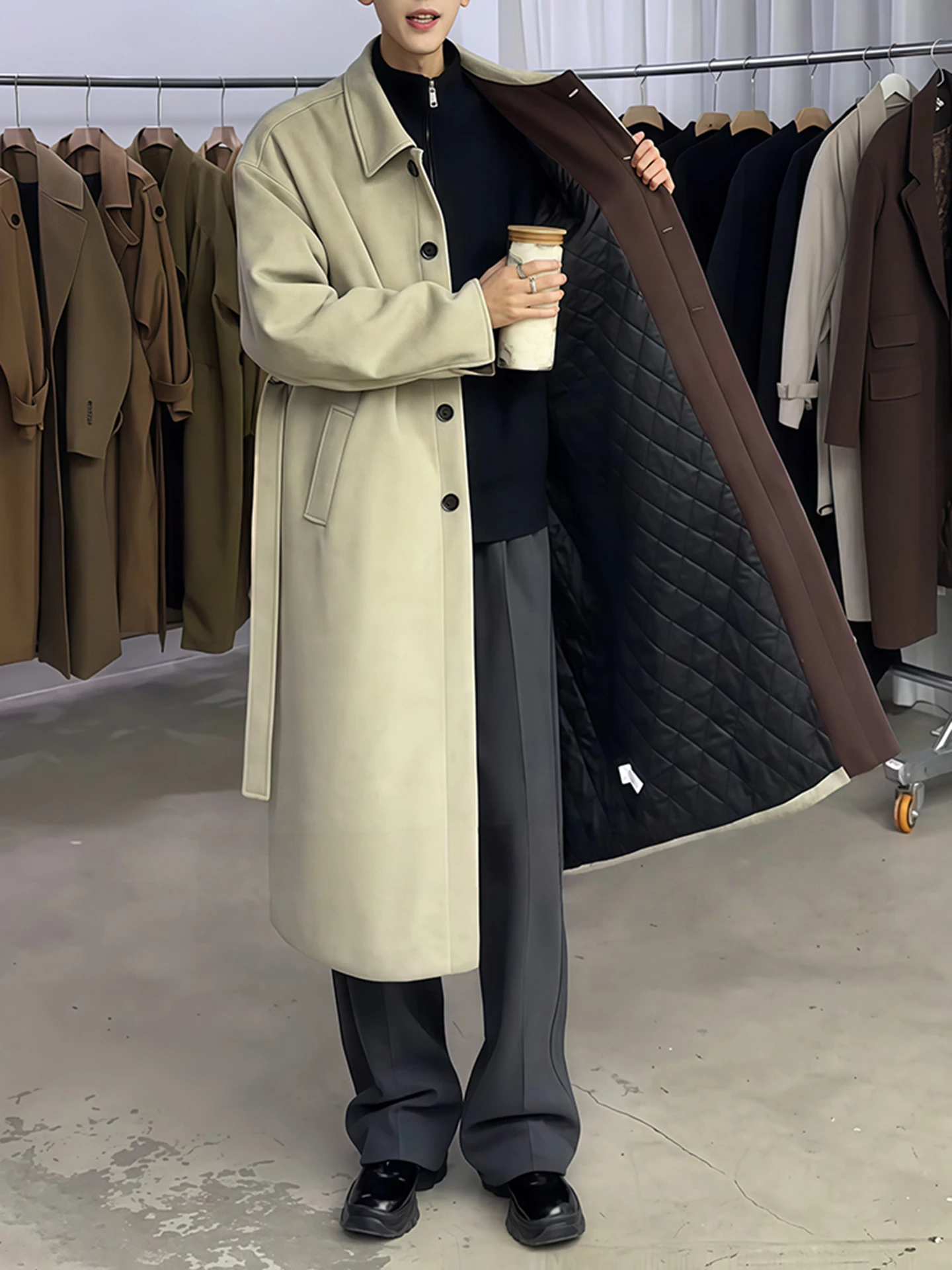 

Men's Wool Inner Thiened Overcoat Knee-Length Coat Youth Faion Warmth Autumn Winter Polyester Fiber Casual Sle