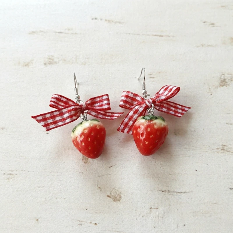 Delicate Red Strawberry Flower Drop Earrings for Women 3D Simulated Fruit Green Leaves Earrings Girls Summer Cottagecore Jewelry