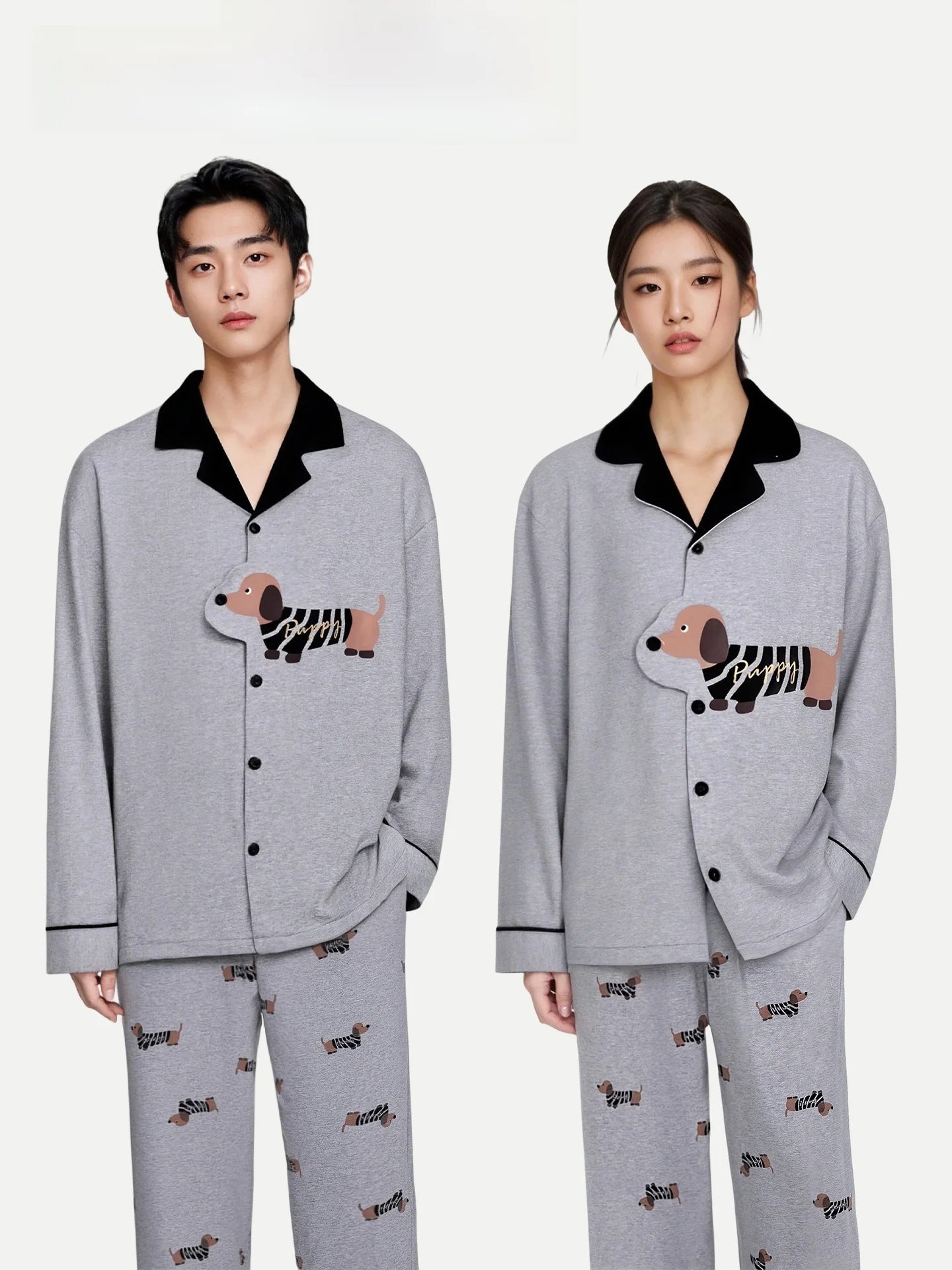 Ultra Soft Pure Cotton Long Sleeve Couples Sleepwear Home Clothes PinkBread Grey Background Sausage Dog Design for Autumn Wear