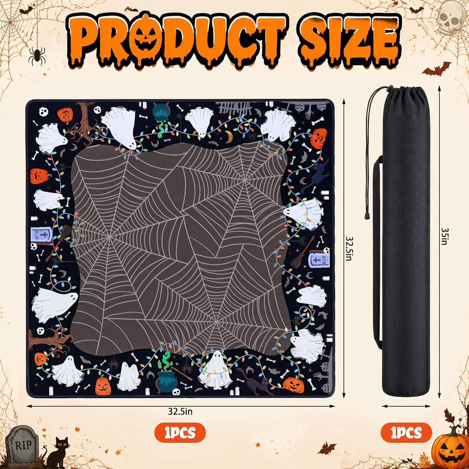 Pumpkin Ghost Halloween Mahjong Mat 32.5 X 32.5 Inch Non‑slip Noise‑reducing Mat with Canvas Carry Bag for Mahjong Lovers